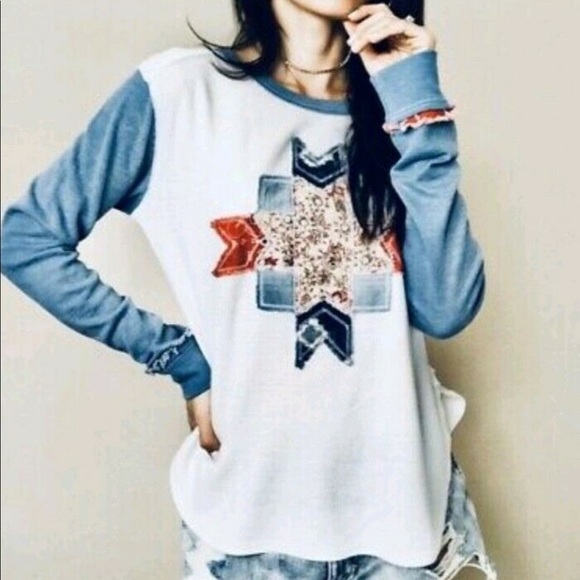 Free People White Blue Patchwork Waffle Top Small NEW - Picture 4 of 6